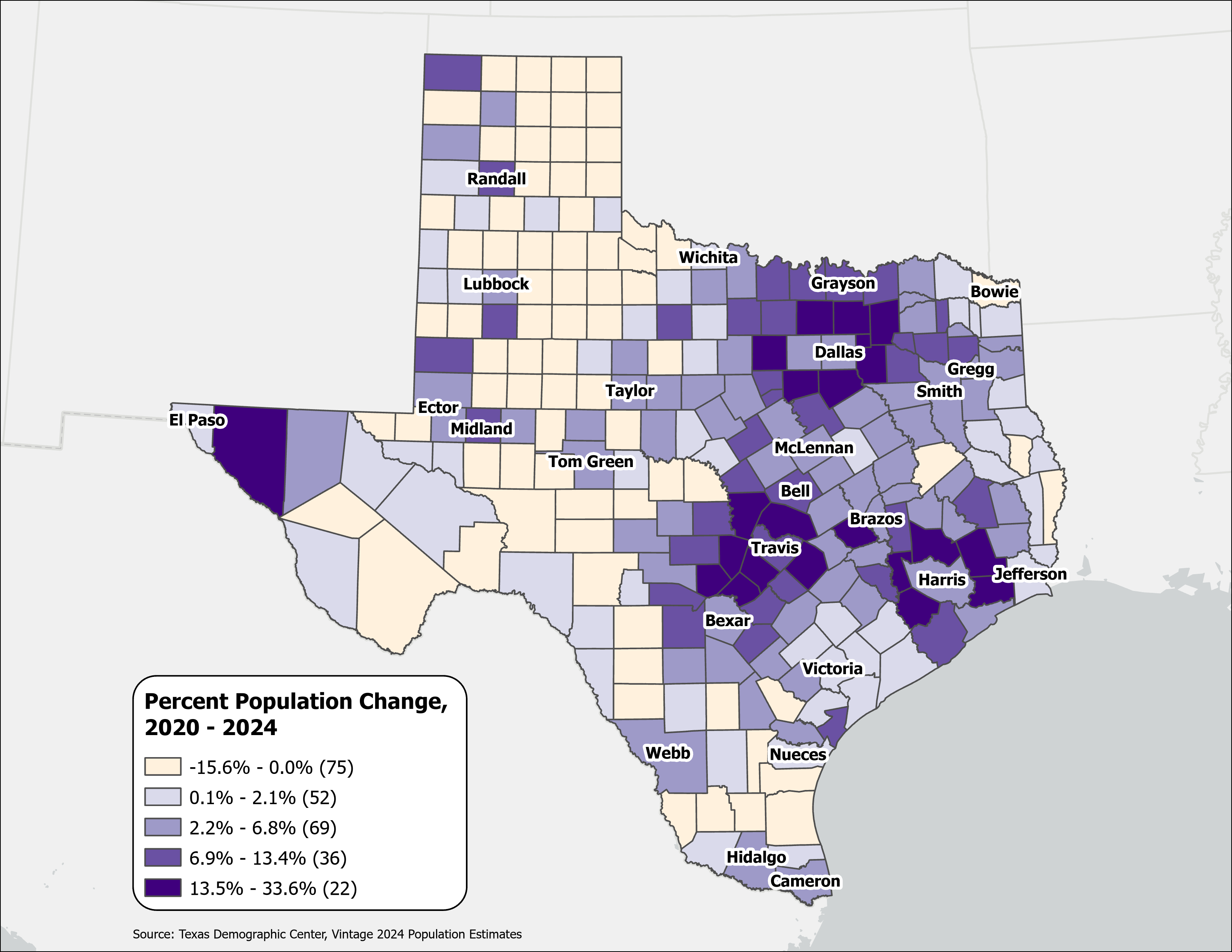 Cloropleth image of Texas Population Chnages
