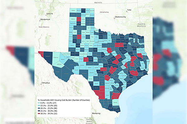 Color-coded map of Texas displaying counties with varying percentages of households experiencing housing cost burden