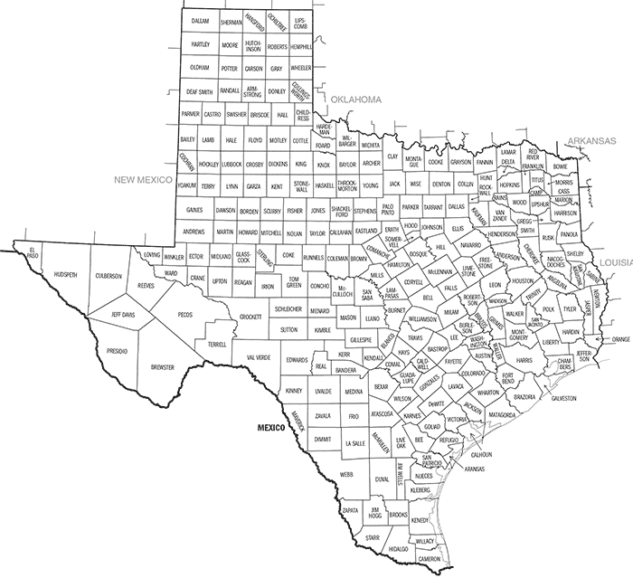 Texas State and County Outline Map