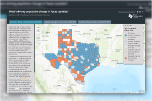 Colored map showing natural change and net migration in Texas.