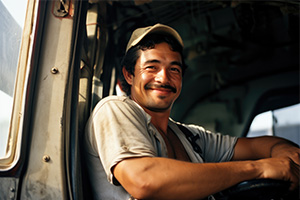 Latino truck driver smiling.