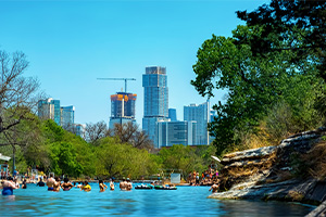 Barton Springs natural cold spring swimming pool in downtown in Austin Texas.