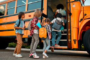 Children near school bus.