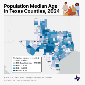 Map of Texas showing the median age by county in 2024, with darker shades representing older populations and lighter shades representing younger ones.