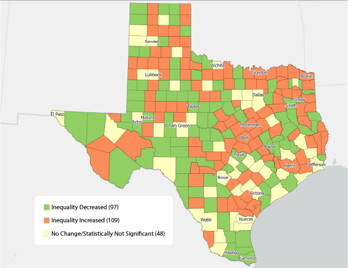 Colored Texas map showing change in income inequality. 