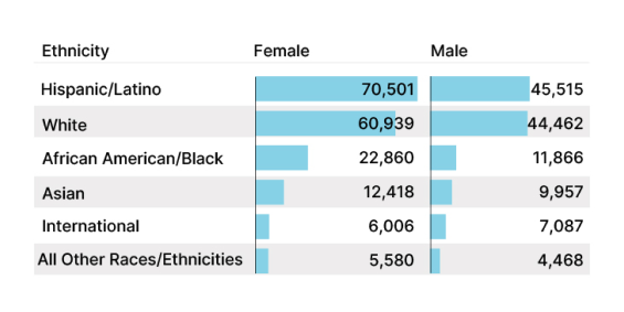 Bar chart showing degrees earned by ethnicity and gender.